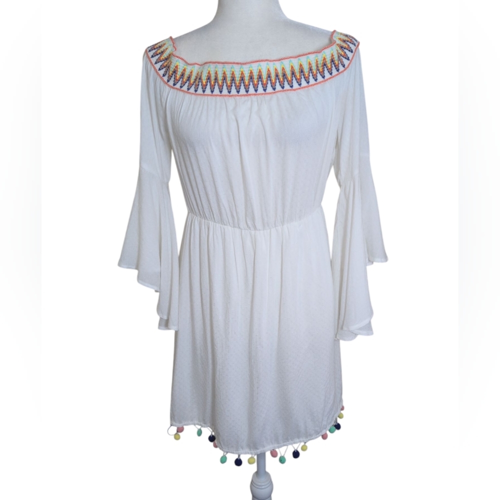 A. Calin Los Angeles  Dress L White/Multicolor Bell/Trumpet Sleeve Boho Lined